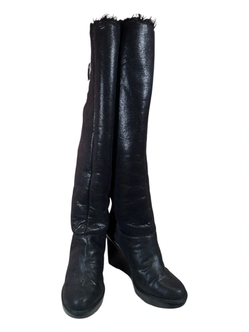 Michael Kors Black Knee-High Wedge Boots with Stud Buckle